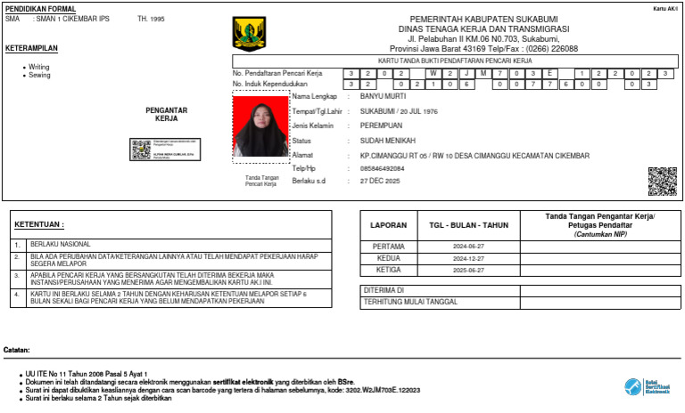Kartu Pencari Kerja Banyu Murti 2023 | PDF