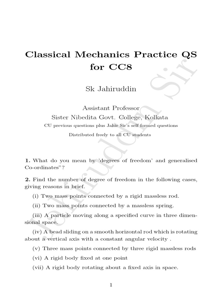 Cc8 Classical Mechanics Practics Qs Pdf Lagrangian Mechanics