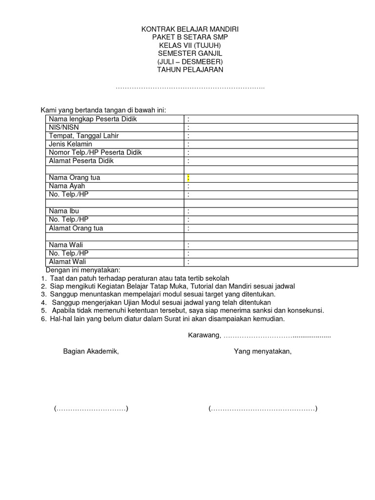 Kontrak Belajar Mandiri SMP Kelas VII | PDF