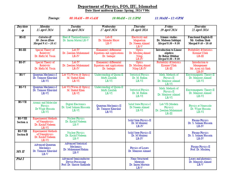 IIU Physics Midterm Exam Schedule 2024 | PDF | Physics | Solid State ...