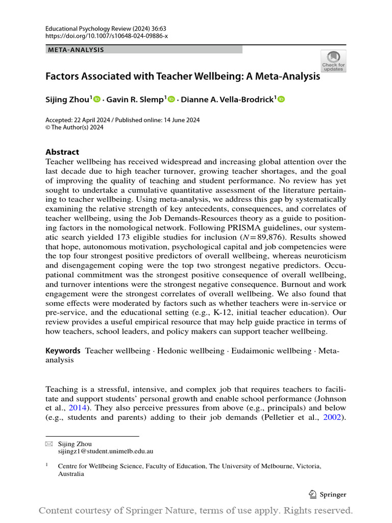 Factors Associated With Teacher Wellbeing A Meta-A | PDF | Well Being ...