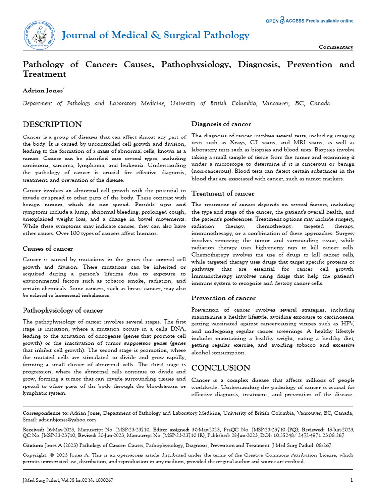 Pathology of cancer causes pathophysiology diagnosis prevention and