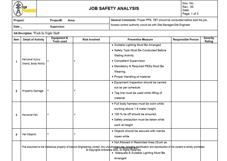 JSA-for Work at Night (11-01-2016) | PDF | Safety