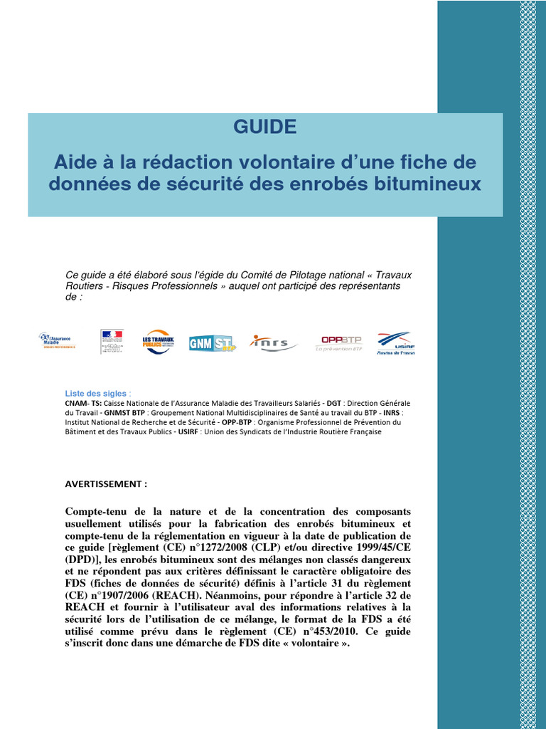 Guide FDS pour enrobés bitumineux | PDF | Substances chimiques | Béton