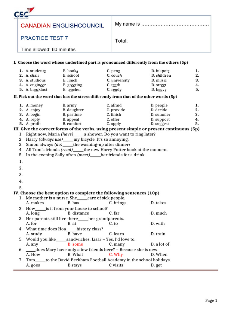 Canadian English Practice Test 7 | PDF