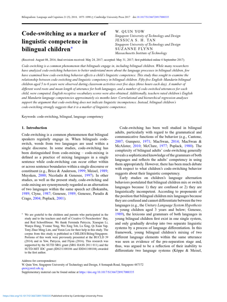 Code Switching As A Marker of Linguistic Competence in Bilingual