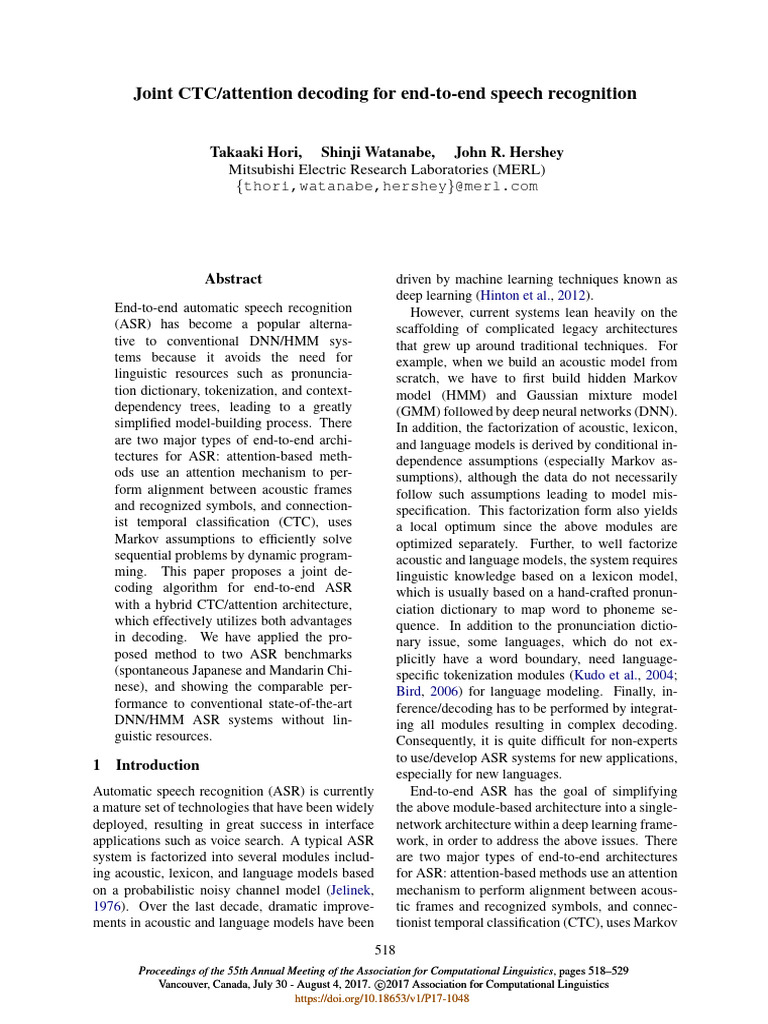 Joint CTC-attention Decoding For End-To-End Speech Recognitionhori Et ...