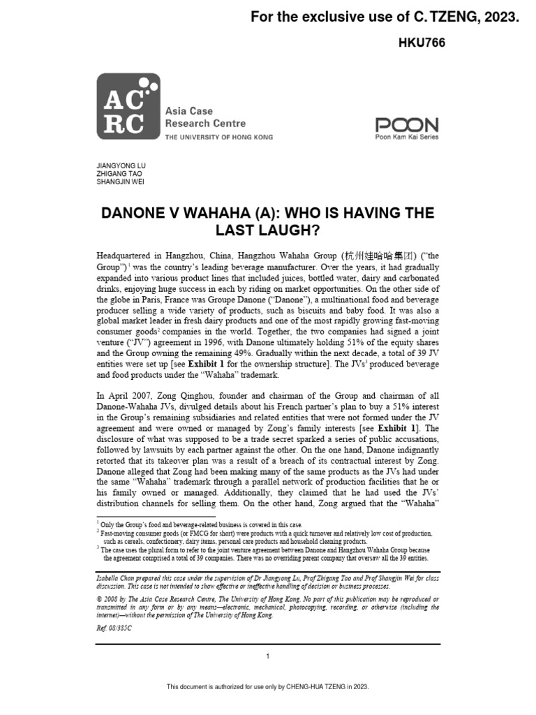 Danone Versus Wahaha Case 3 2008 Pdf Chinese Economic Reform