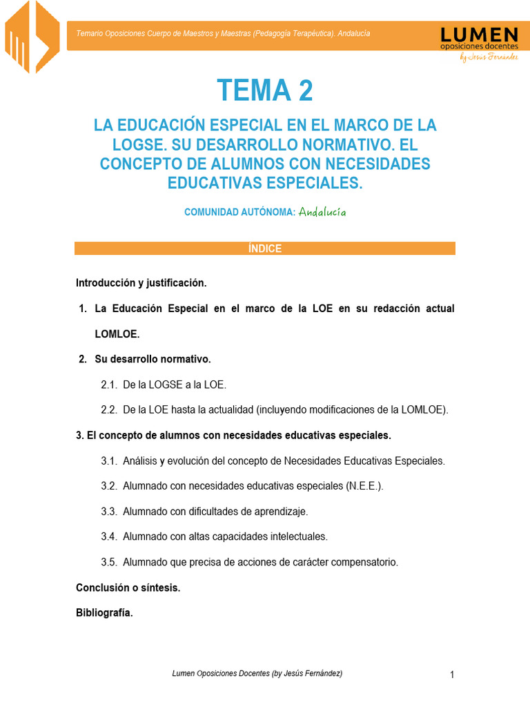 Temario Oposiciones Educación Especial Andalucía | PDF | Educación ...