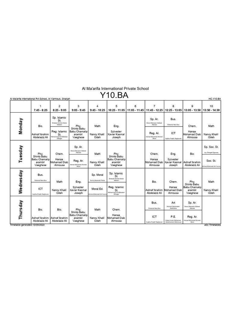 Al Ma'arifa International School Timetable | PDF