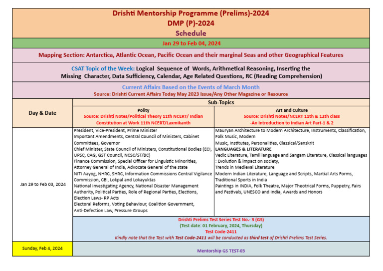 DMP (P) UPSC 2024 - Schedule - Week-3 | PDF | Government