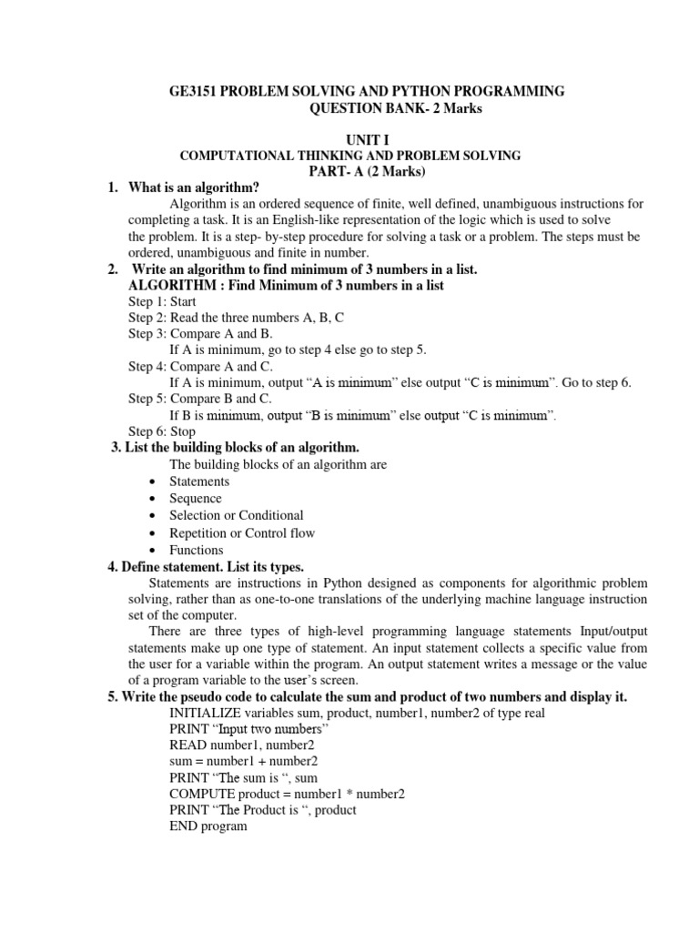 Python- 2 Marks Question Bank | Download Free PDF | Algorithms ...