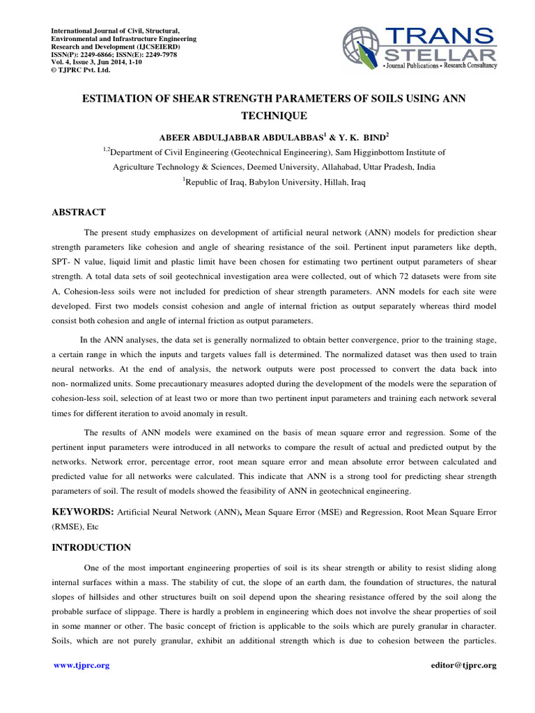 Estimation of Shear Strength Parameters of Soils Using Ann Technique ...