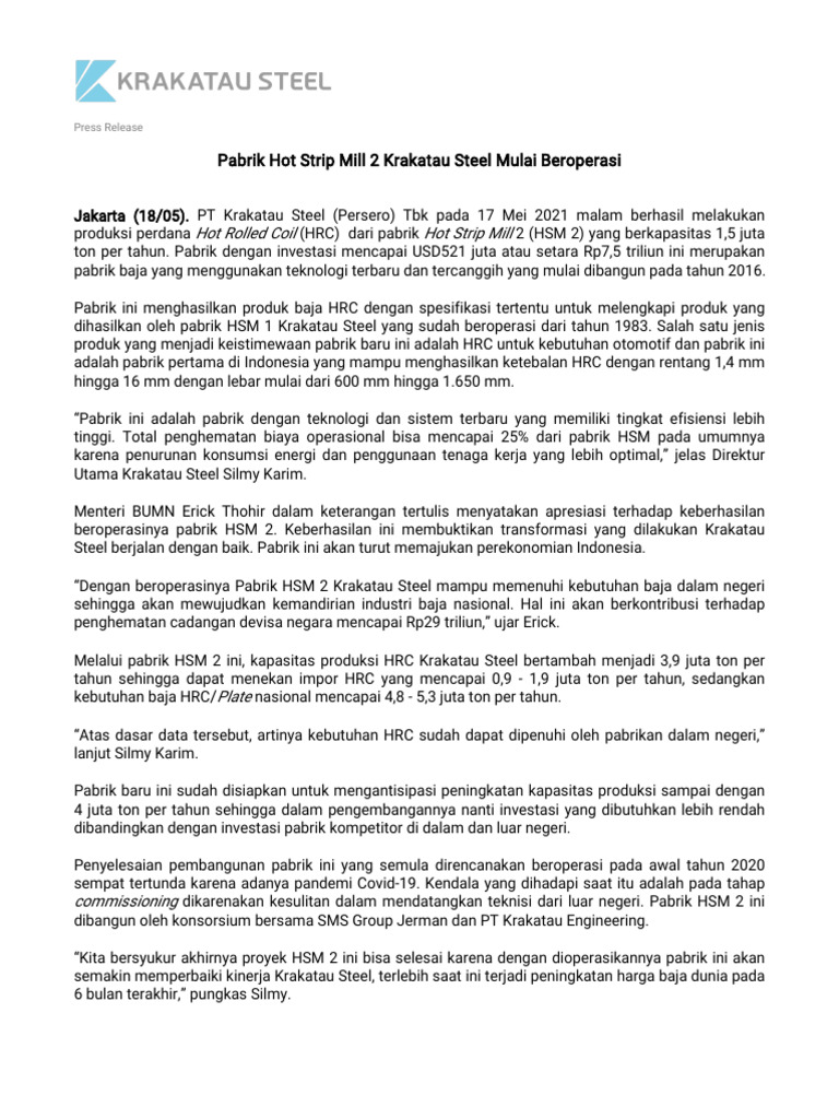 Pabrik Hot Strip Mill 2 Krakatau Steel Mulai Beroperasi | PDF