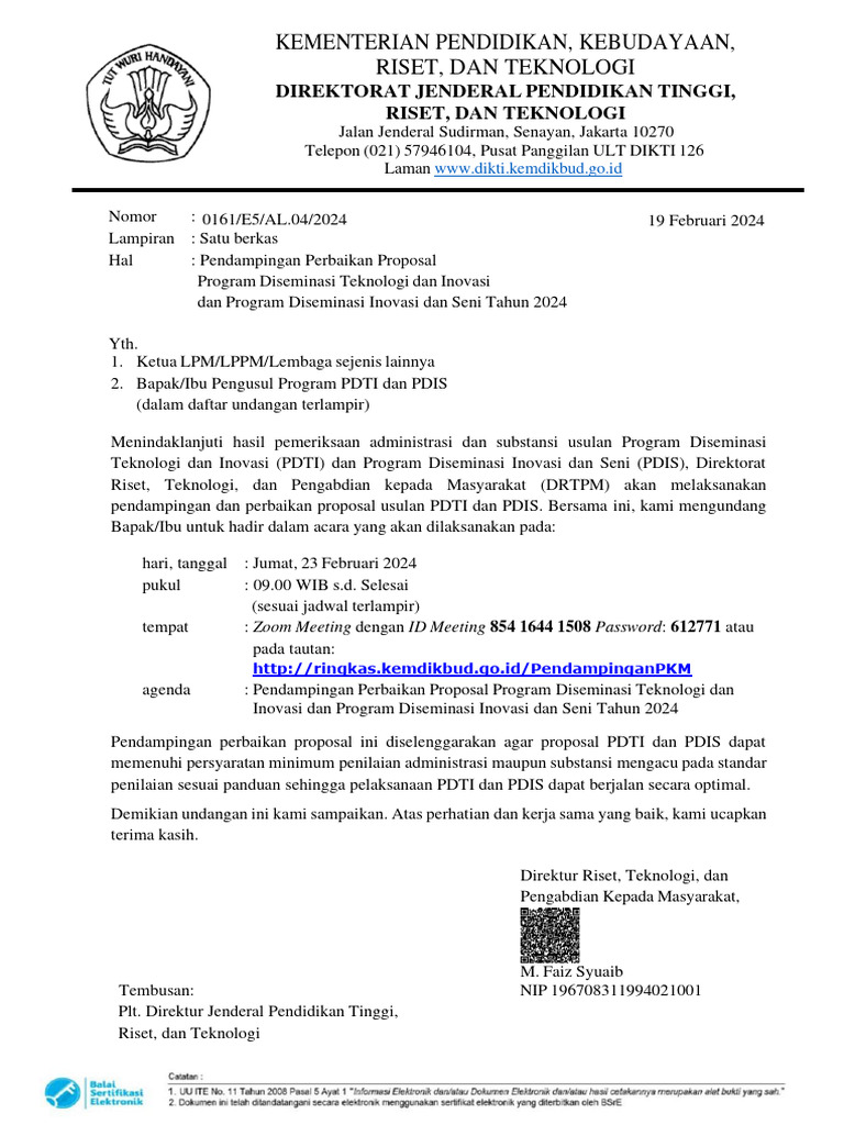 Surat Undangan Pendampingan Perbaikan Proposal PDTI dan PDIS 2024 PDF