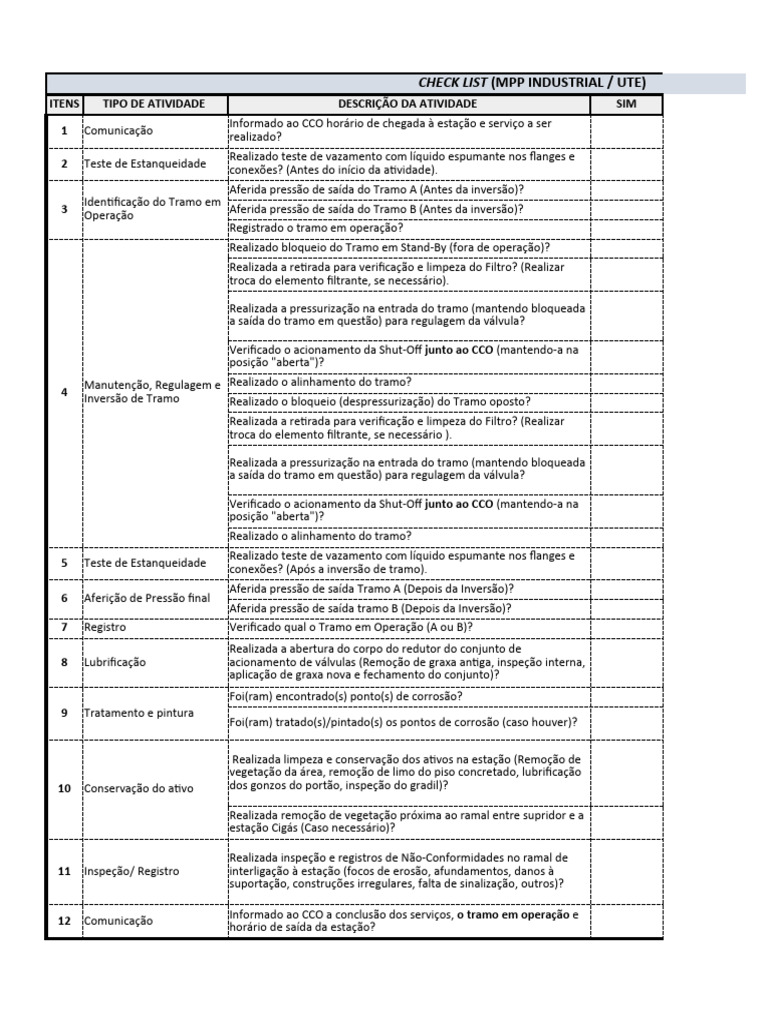 CHECK LIST MPP INDUSTRIAL - UTE | Download grátis PDF | Pressão