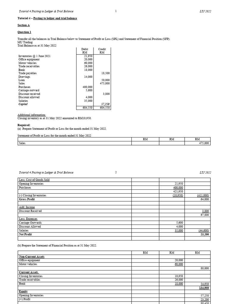 Tutorial 4 posting to ledger trial balance q pdf debits and