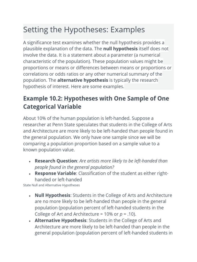Setting The Hypotheses | PDF | Hypothesis | Null Hypothesis