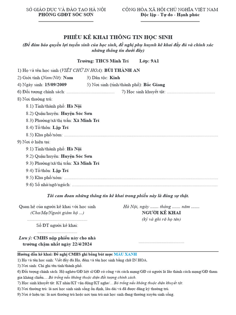 Phieu Ke Khai Thong Tin Thcsminhtri 2023 2024-9a1 | PDF
