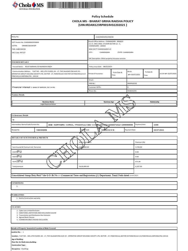 Chola MS Bharat Griha Raksha Policy | PDF | Insurance | Indemnity