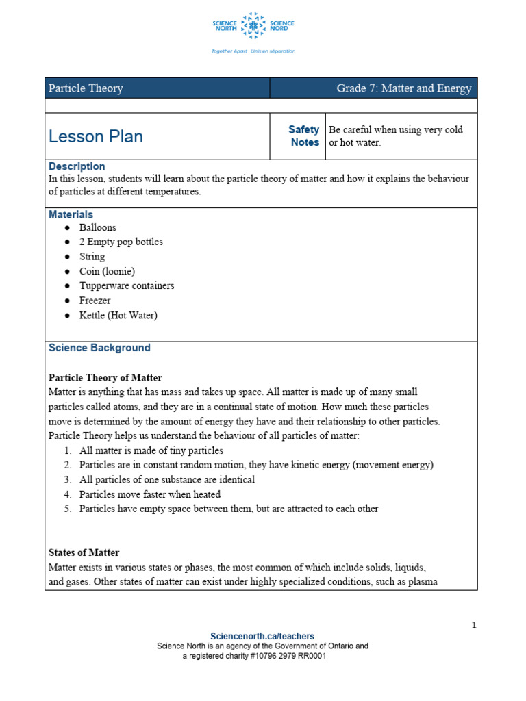 Grade 7 Particle Theory Lesson Plan | PDF | Matter | Gases
