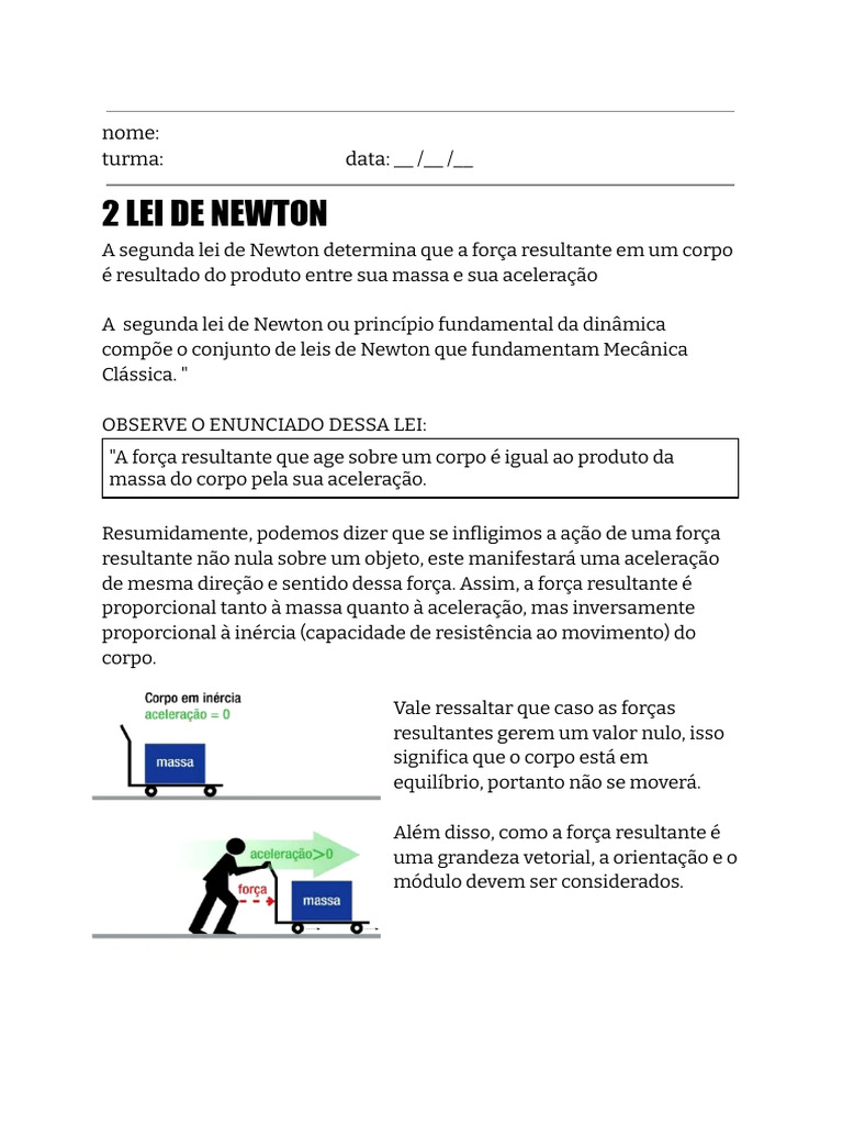 Segunda Lei de Newton: Fórmula e Exercícios | PDF | Leis do Movimento ...