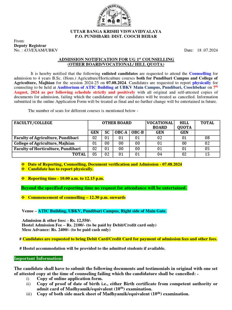 UBKV UG Admission Counselling Notice 2024 | PDF | Payments