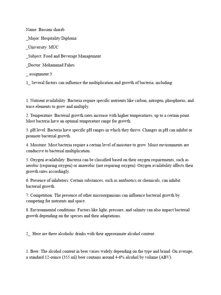 Assignment 3 f b management pdf alcoholic beverages bacteria