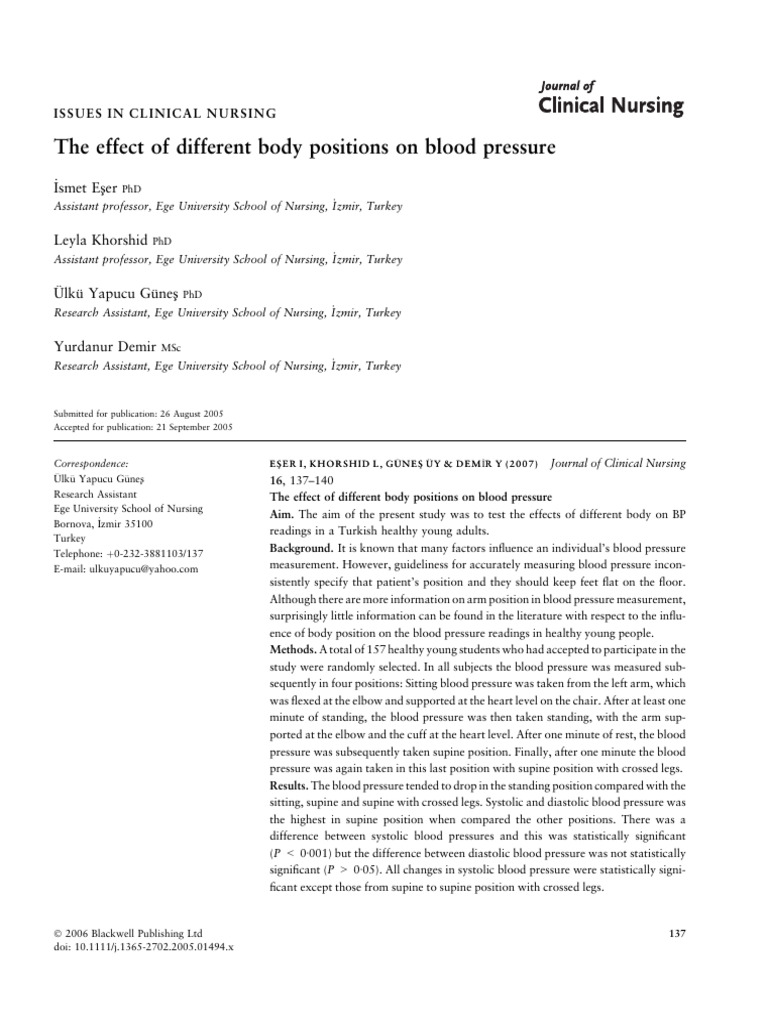 The Effect of Different Body Positions On Blood Pressure: - Ismet Es Er ...