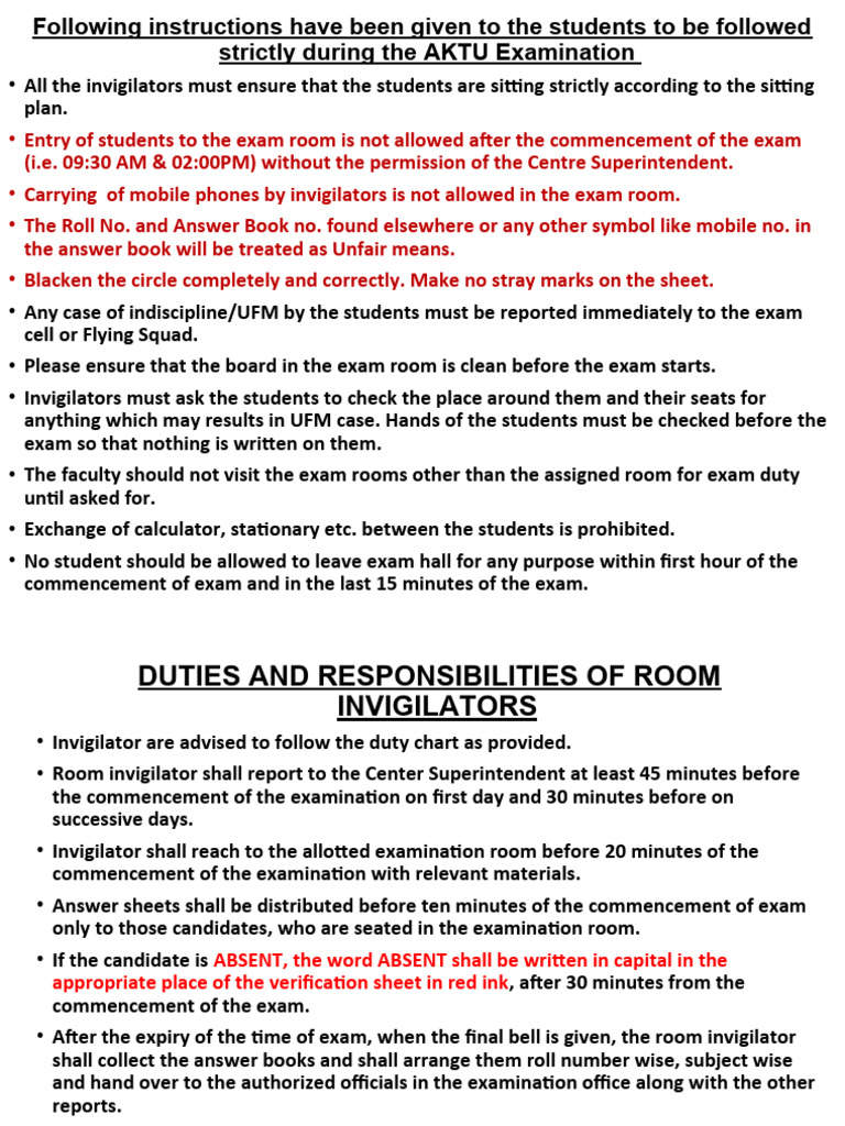 Instructions To Invigilators, AKTU Examination, ODD Sem, 2022-23 ...
