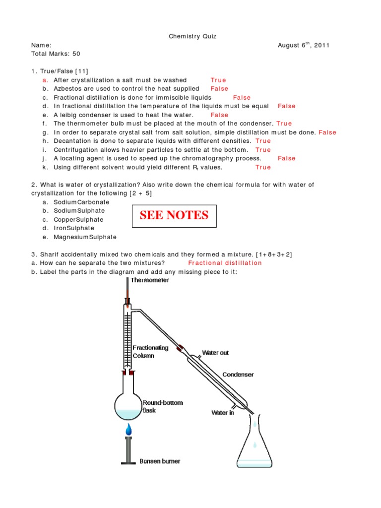 Chemistry Quiz on Separation Techniques | PDF | Distillation ...