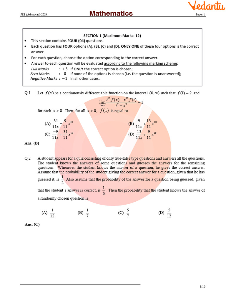 JEE Advanced 2024 Paper 1 Questions | PDF | Metrology | Quantity