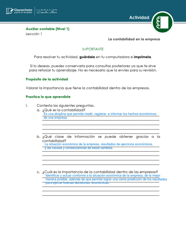 La Contabilidad En La Empresa Act 1 Pdf Contabilidad Business