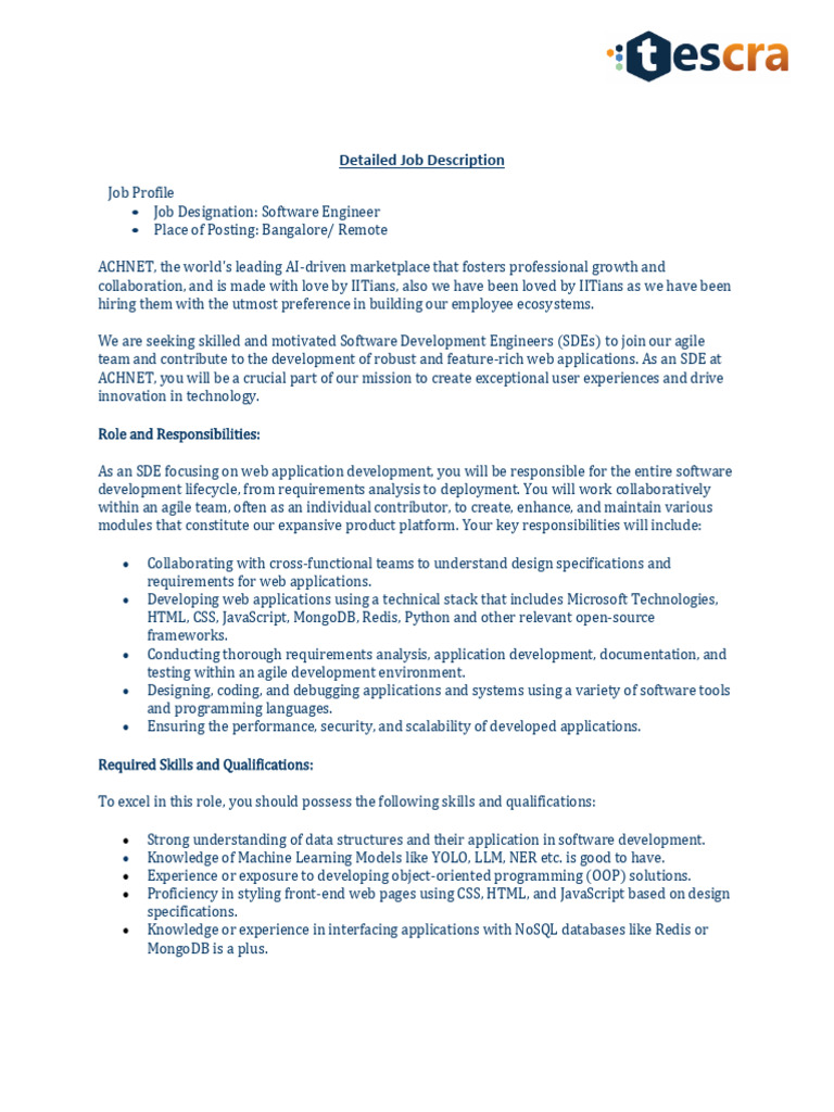 Software Engineer Position at ACHNET | PDF | Computer Programming ...