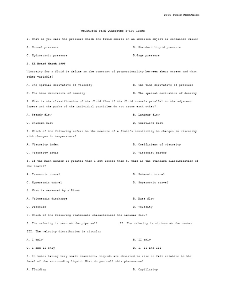 Fluid Mechanics Objective Questions | PDF | Fluid Dynamics | Viscosity