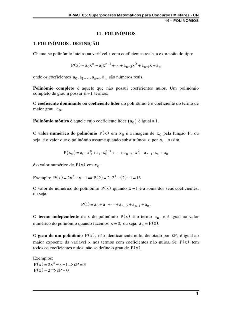 Polinômios: Definições e Operações | PDF | Divisão (Matemática) | Equações