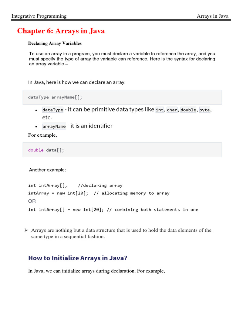 Chapter 6: Arrays in Java: - It Can Be Primitive Data Types Like ...