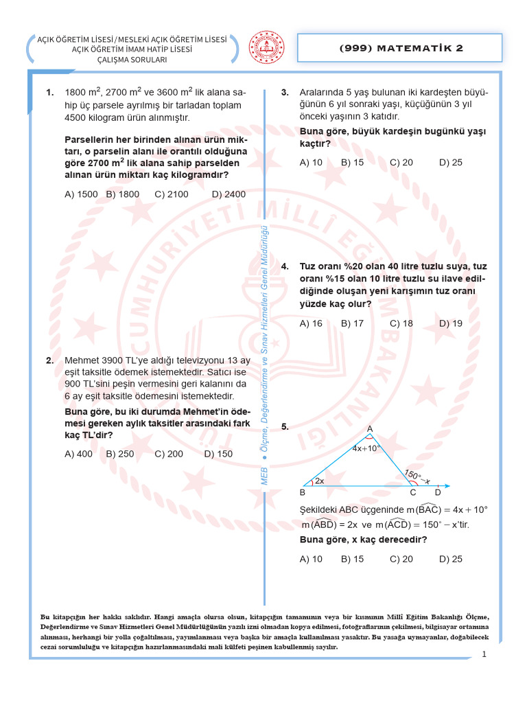 Açık Lise Matematik - 2 Çıkmış Sorular | PDF