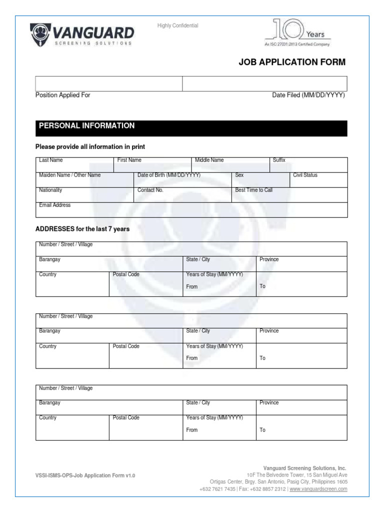 Vanguard Job Application Form | PDF | Background Check | Employment