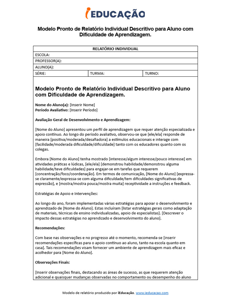 Modelo Pronto de Relatório Individual Descritivo para Aluno Com ...