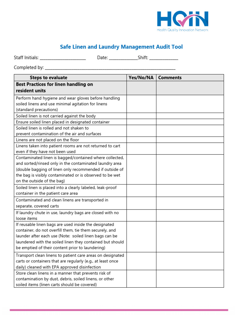 Safe Linen Management Audit Tool | PDF | Linens | Laundry