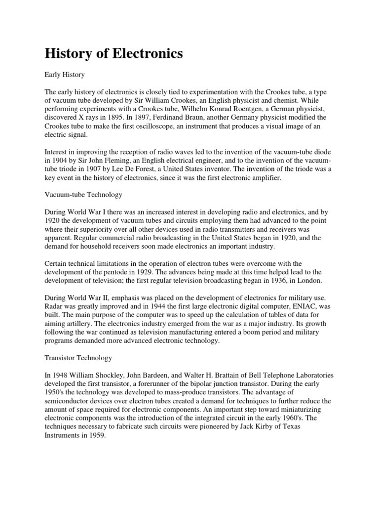 History of Electronics PDF Vacuum Tube Transistor