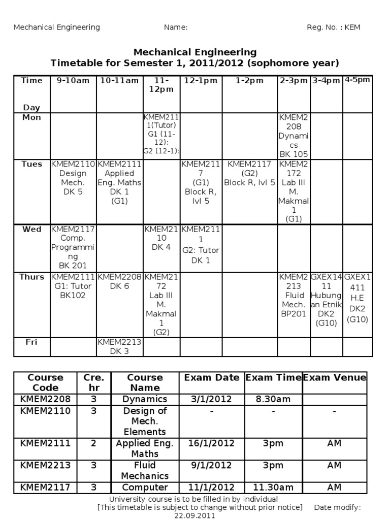 Mechanical Engineering Semester 1 Timetable | PDF | Computers