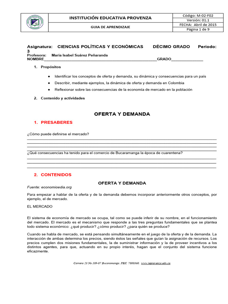 Oferta y Demanda en Economía Colombiana | PDF | Mercado (economía ...
