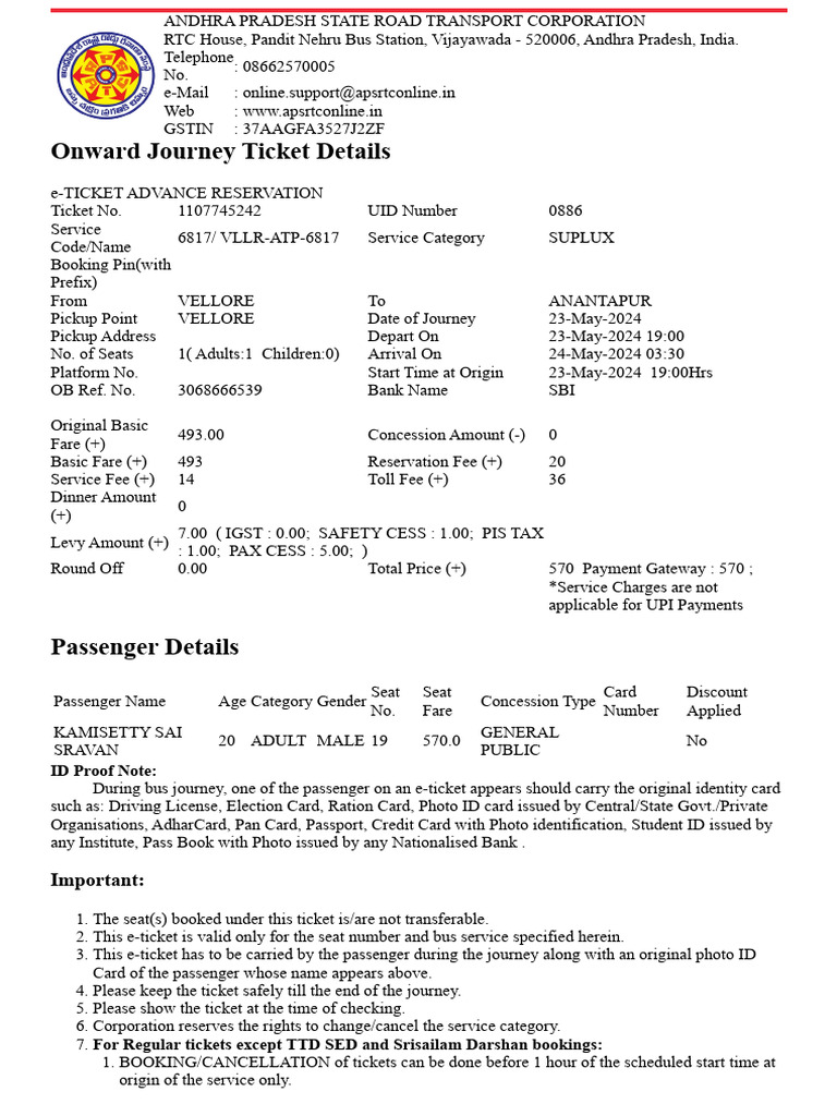 APSRTC e-Ticket for Vellore to Anantapur | PDF | Identity Document ...