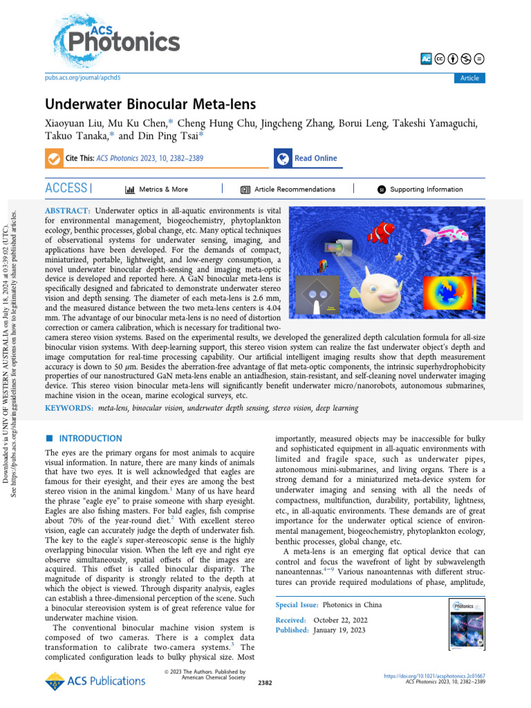 Liu Et Al 2023 Underwater Binocular Meta Lens | PDF | Optics | Computer ...