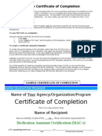 Sample Certificate of Completion: Recordkeeping Requirement