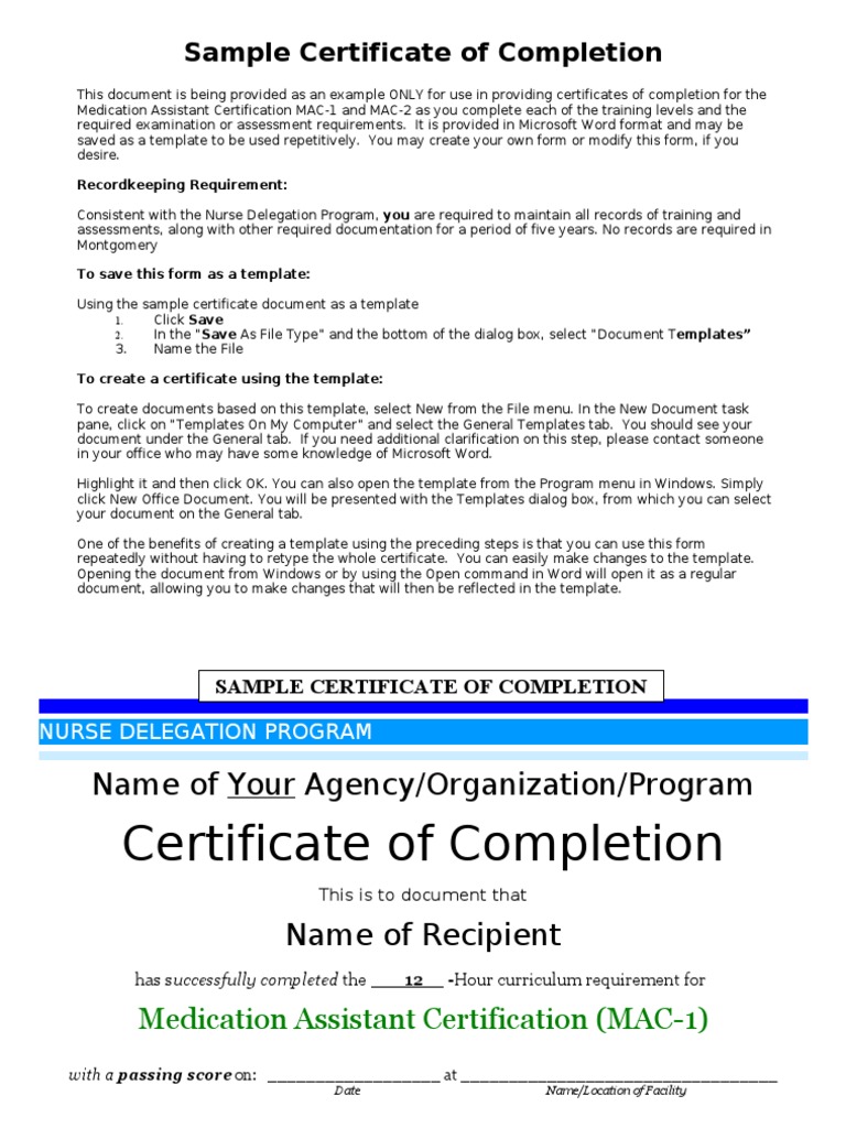 Sample Certificate of Completion: Recordkeeping Requirement | PDF ...