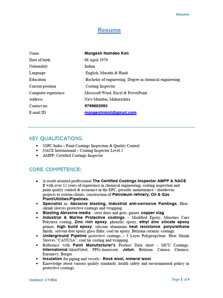 Mangesh Koli: Coating Inspector Resume | PDF | Epoxy | Materials