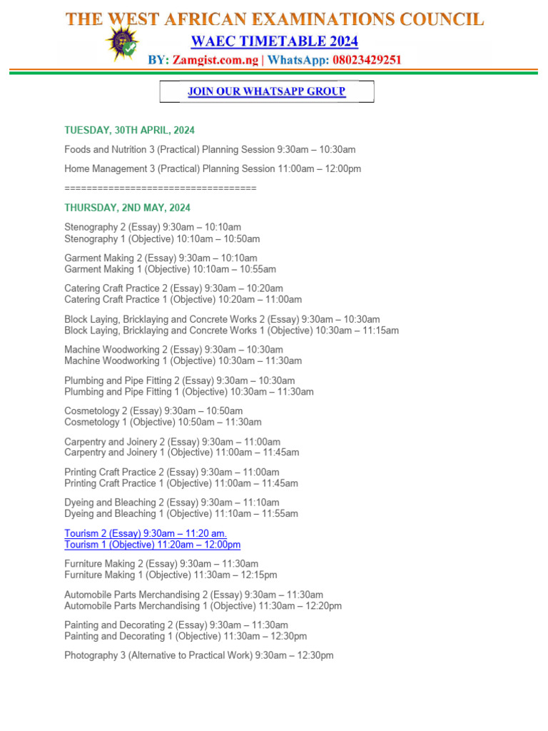 Waec Exam Timetable 2024 Pdf